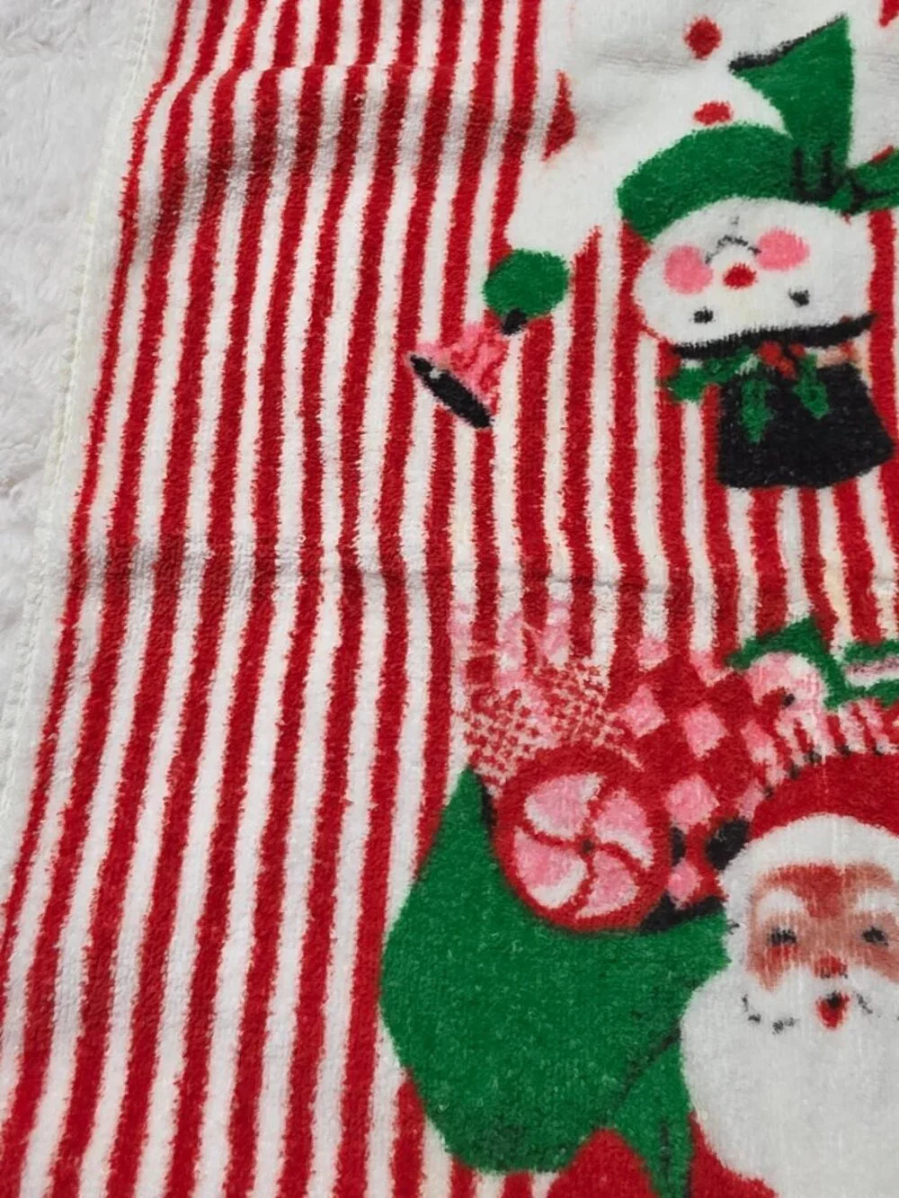 Vtg 70s Royal Terry Christmas New Years Hand Towel Santa Snowman Candy Stripe